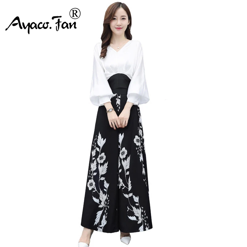 

2 Pieces/Set Patchwork Cotton Shirt Floral Print Chiffon Wide Leg Pants Fashion Ensemble Femme Survetement Elegant Women's Suit