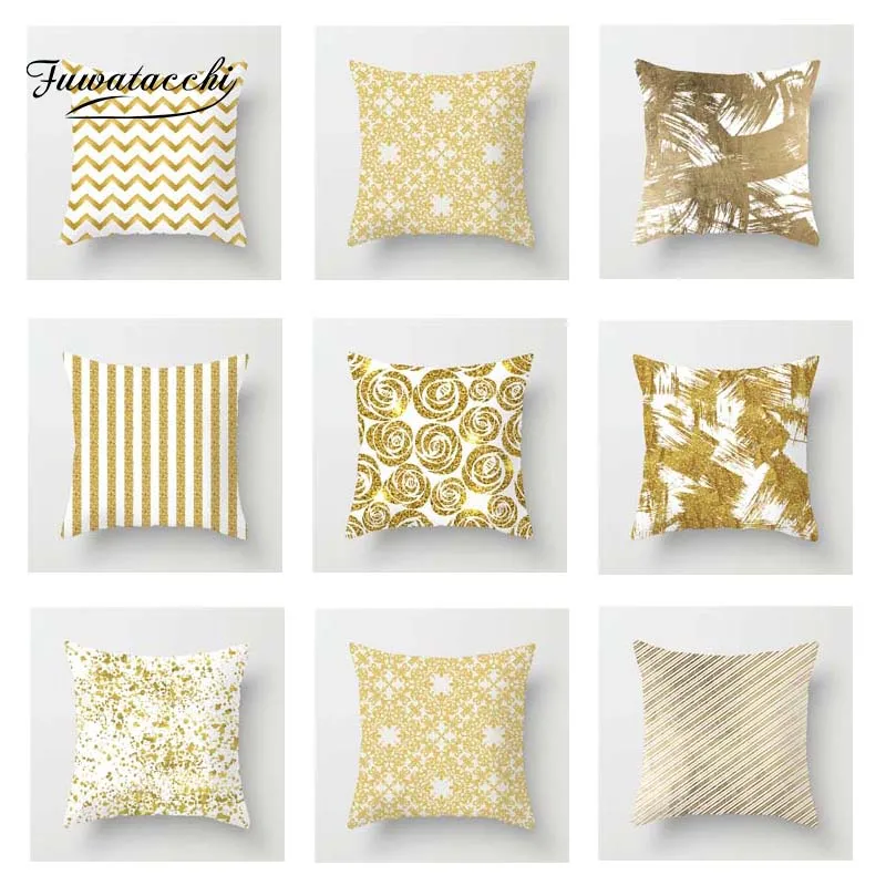 Fuwatacchi Gold Style Cushion Cover Geometric Leaves Wave Diamond Printed Pillow Decorative Pillows for Sofa Car 2019 | Дом и сад