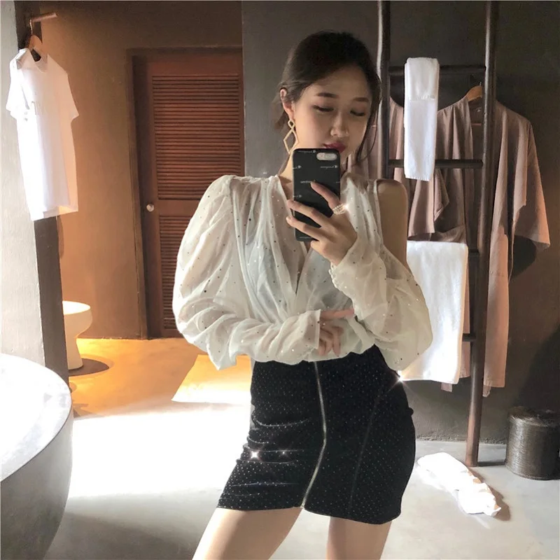 Harajuku пайетки на молнии черный Bodycon Карандаш Короткая юбка Высокая Талия мини