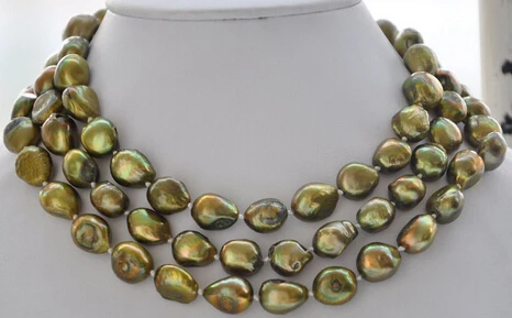 

N2379 REAL Long 50" 8-9mm bronze green baroque freshwater pearl necklace