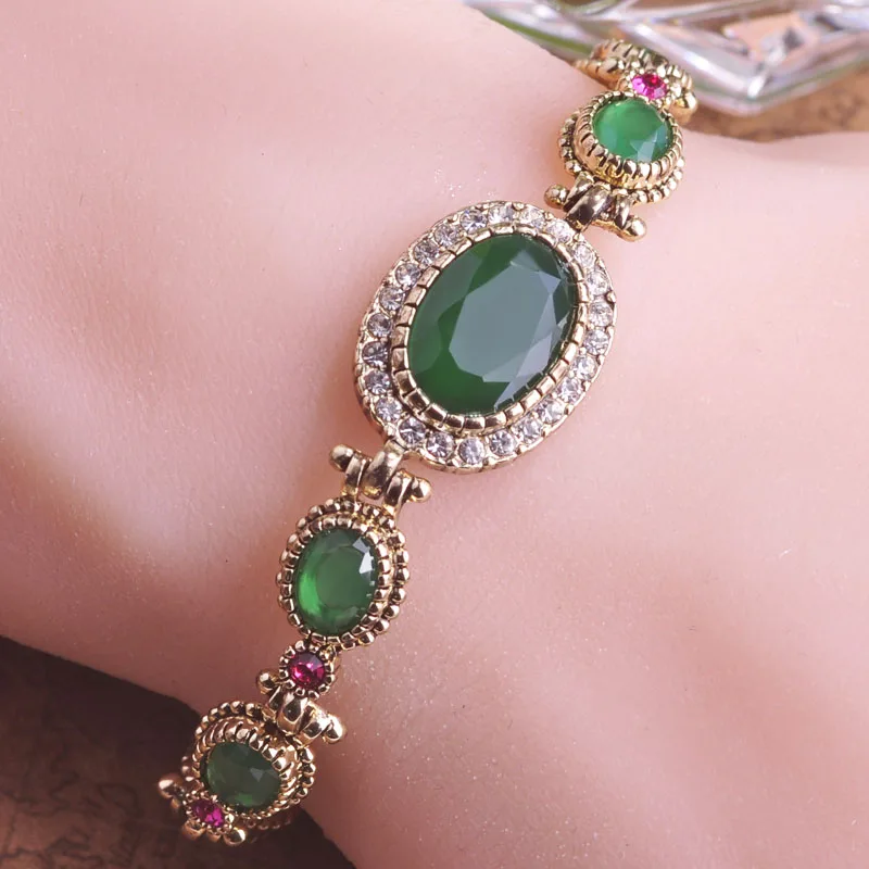 Блуком Изысканный старинный античный золотой цвет Зеленый браслет Овальные