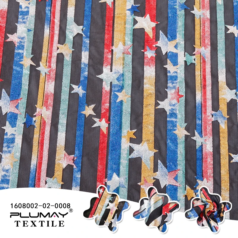 

Shaoxing keqiao new style star foil rainbow stripe knitted mesh fabric for dress by half(1/2) yard