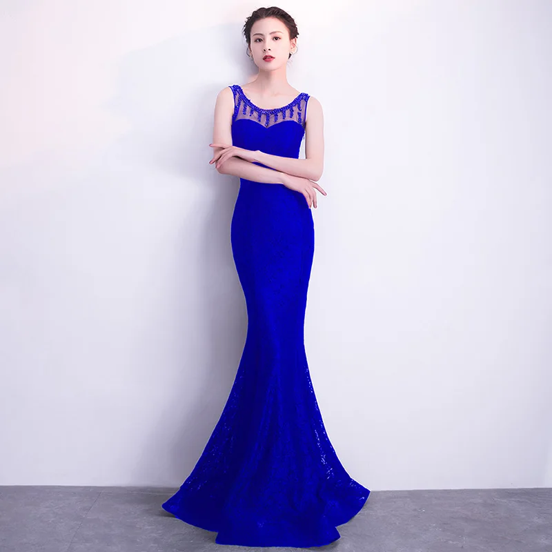 

Blue Floral Pattern Pearl Beaded Transparent Mesh Sleeveless Long Luxury Lace Dress Women Elegant Sexy Party Clubwear Dresses