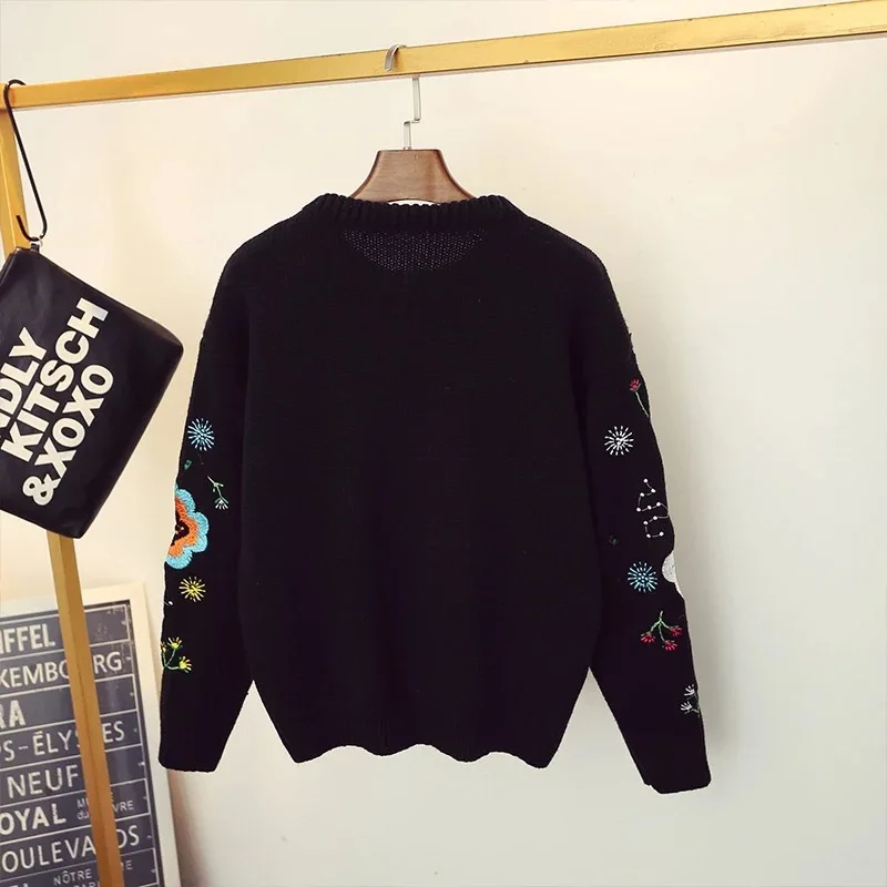 Женский вязаный свитер Повседневный пуловер с длинным рукавом и цветочной
