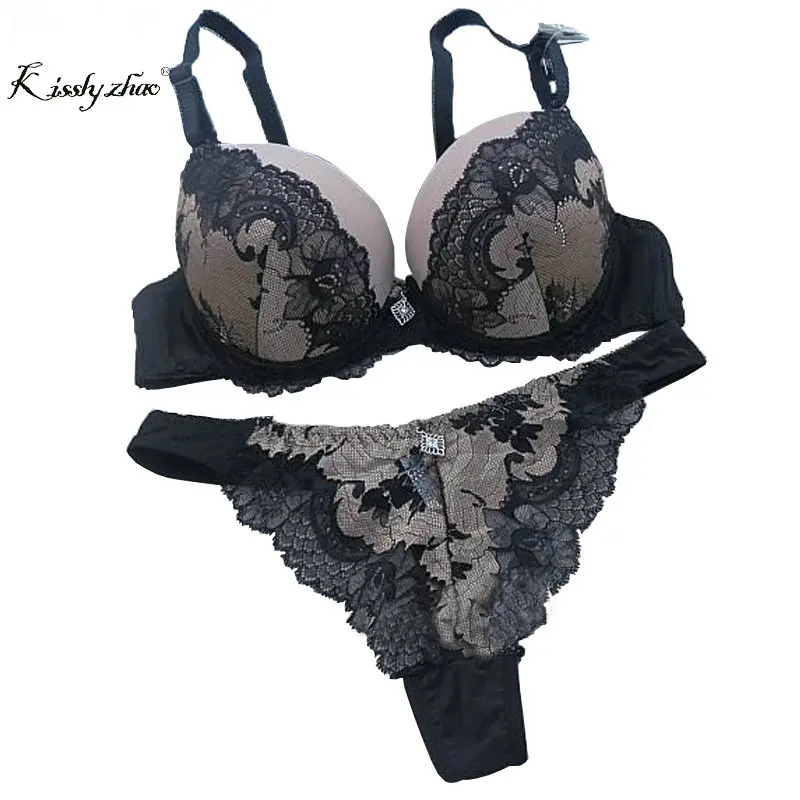 Lace ABC thongs women bra set Sexy Black red hollow out underwear panty set lady intimates bralette Push up bra brief set