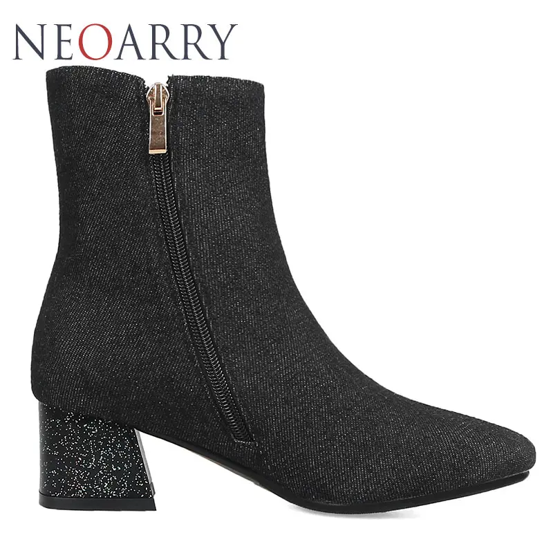 Neoarry Embroider Floral Denim Boots Ladies Party Shoes Chunky Block Med Heel String Beading Ankle Large Size 32-48 T90 | Обувь