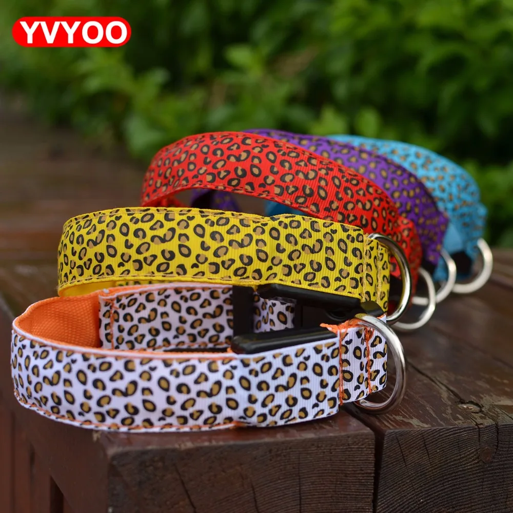 Модный Леопардовый светодиодный ошейник для собак мигающий в темноте нейлоновый