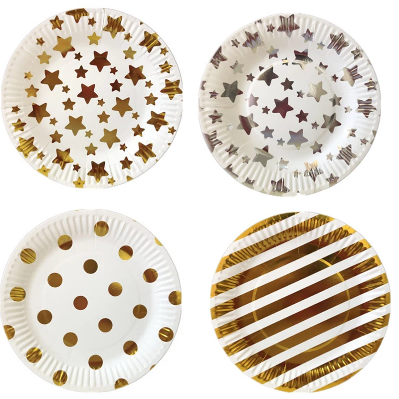 8 шт./упак. Золотой Серебряный горошек полосы одноразовые бумажные тарелки для