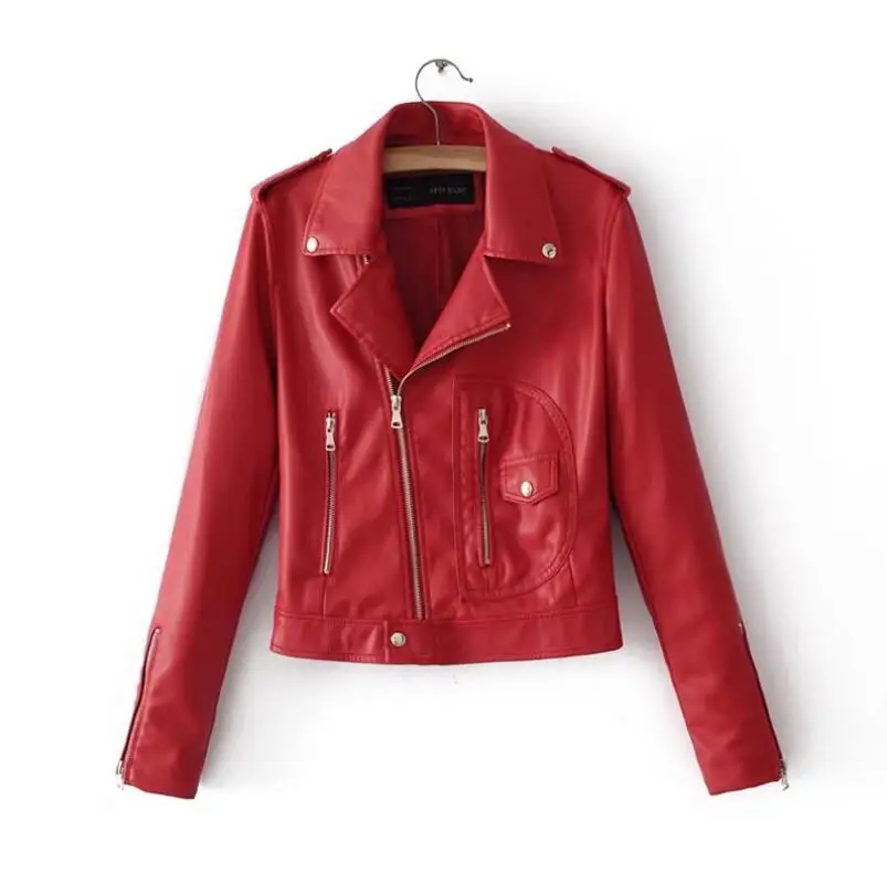 Женская Короткая кожаная куртка черная приталенная красная с отложным