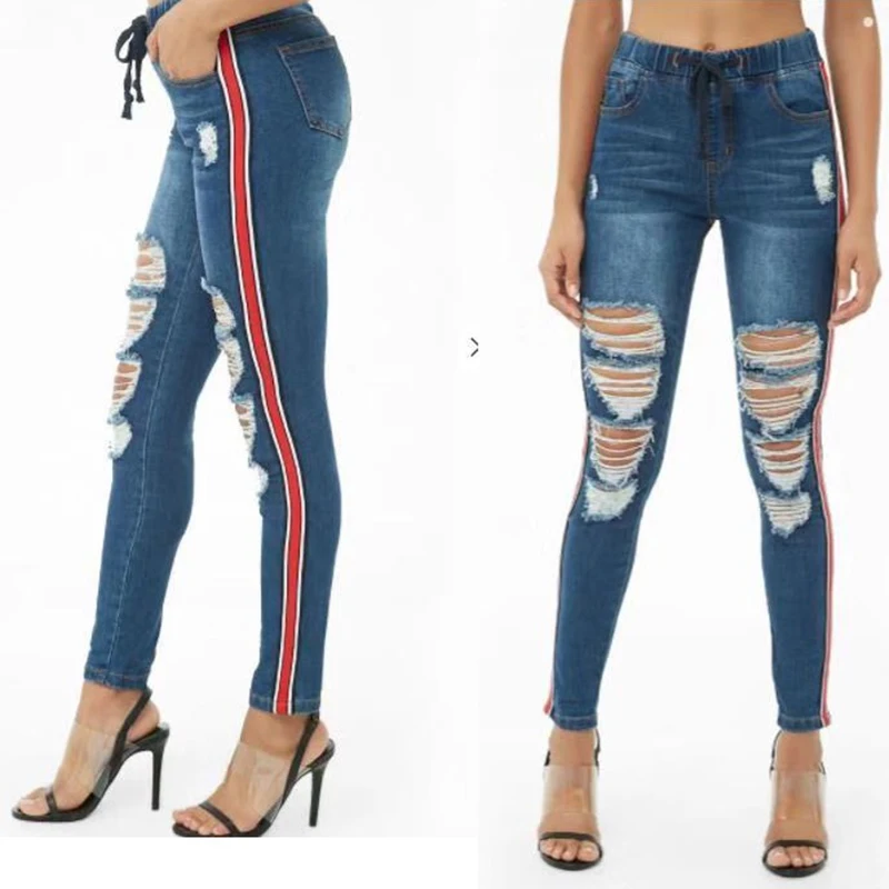 Женские рваные джинсы со средней талией обтягивающие узкие в полоску Однотонные