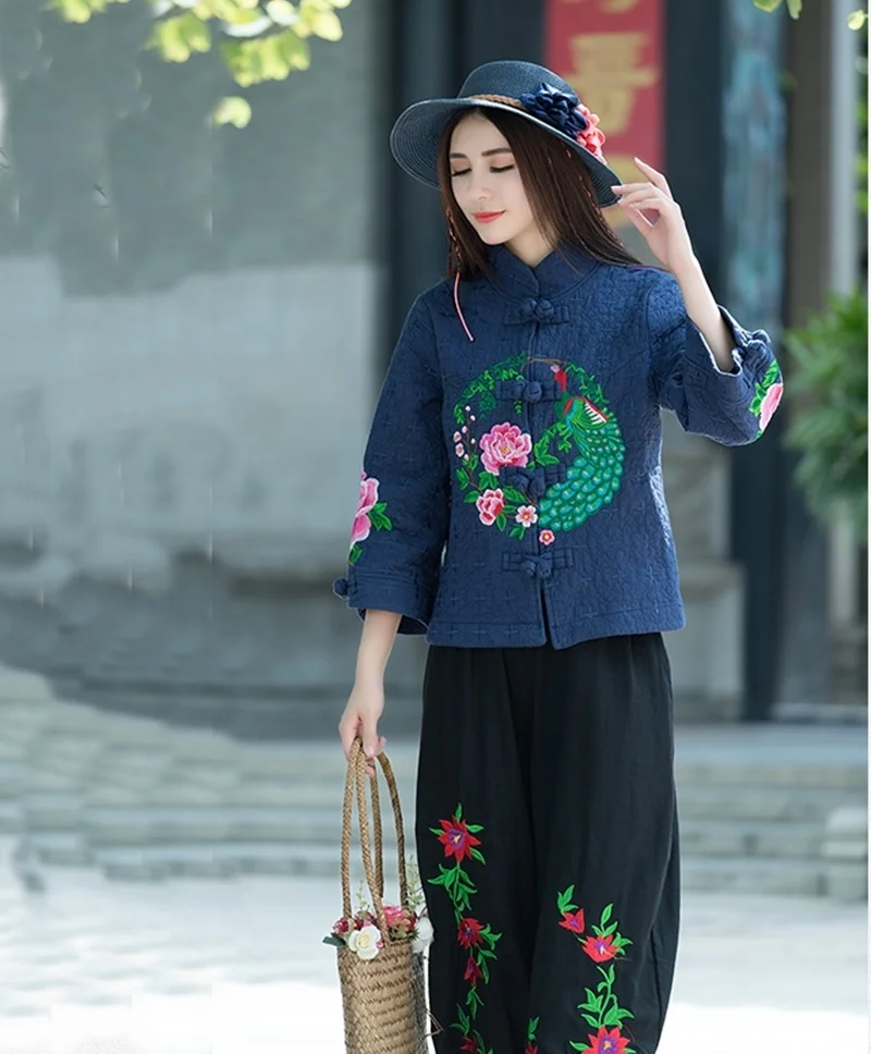 Женские китайские топы, винтажное пальто с вышивкой Hanfu, этническое пальто с воротником-стойкой, хлопковая льняная одежда в китайском стиле для женщин, FF1758