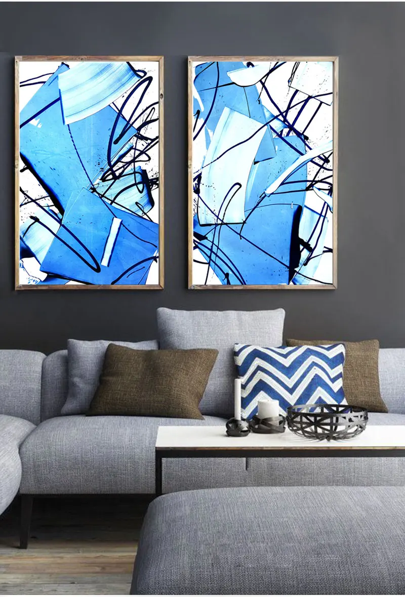 Modern abstract oil painted canvas art painting poster picture blue home decoration 2017 new hot sell sunrise wall 2 piece | Дом и сад