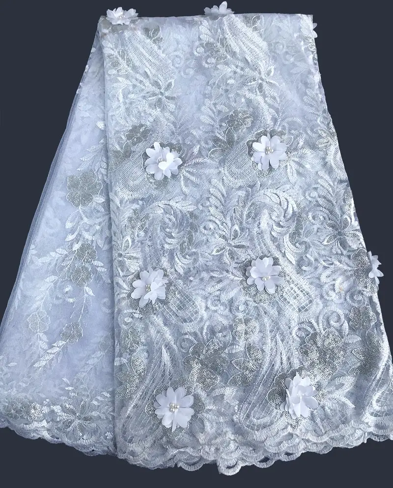 white silver Большая распродажа классическое Оригинальное французское Африканское кружево Тюль кружевная ткань в нигерийском стиле шитье одежды платье wise choice 5 ярдов/шт - Цвет: white silver