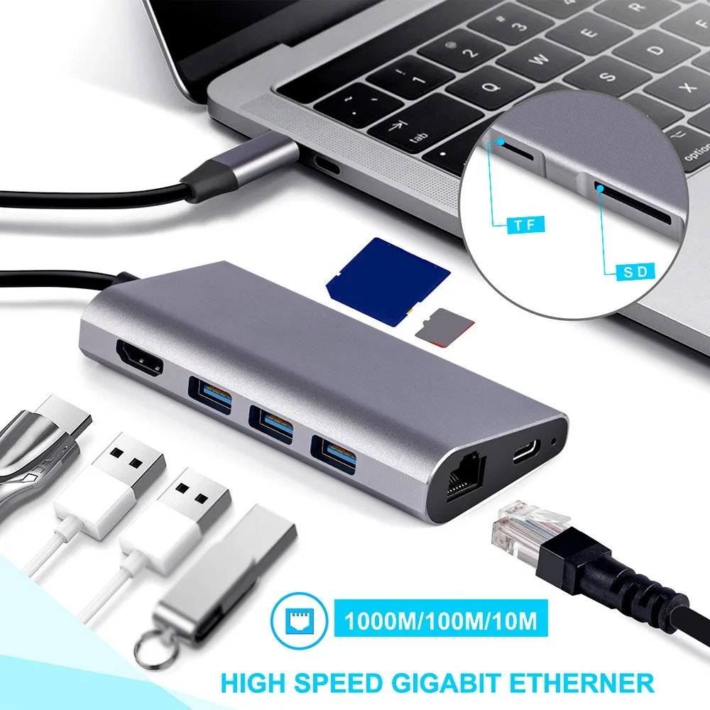 Адаптер usb Type C многопортовый адаптер HDMI выход Gigabit Ethernet SD/TF + Micro SD карты порты 3