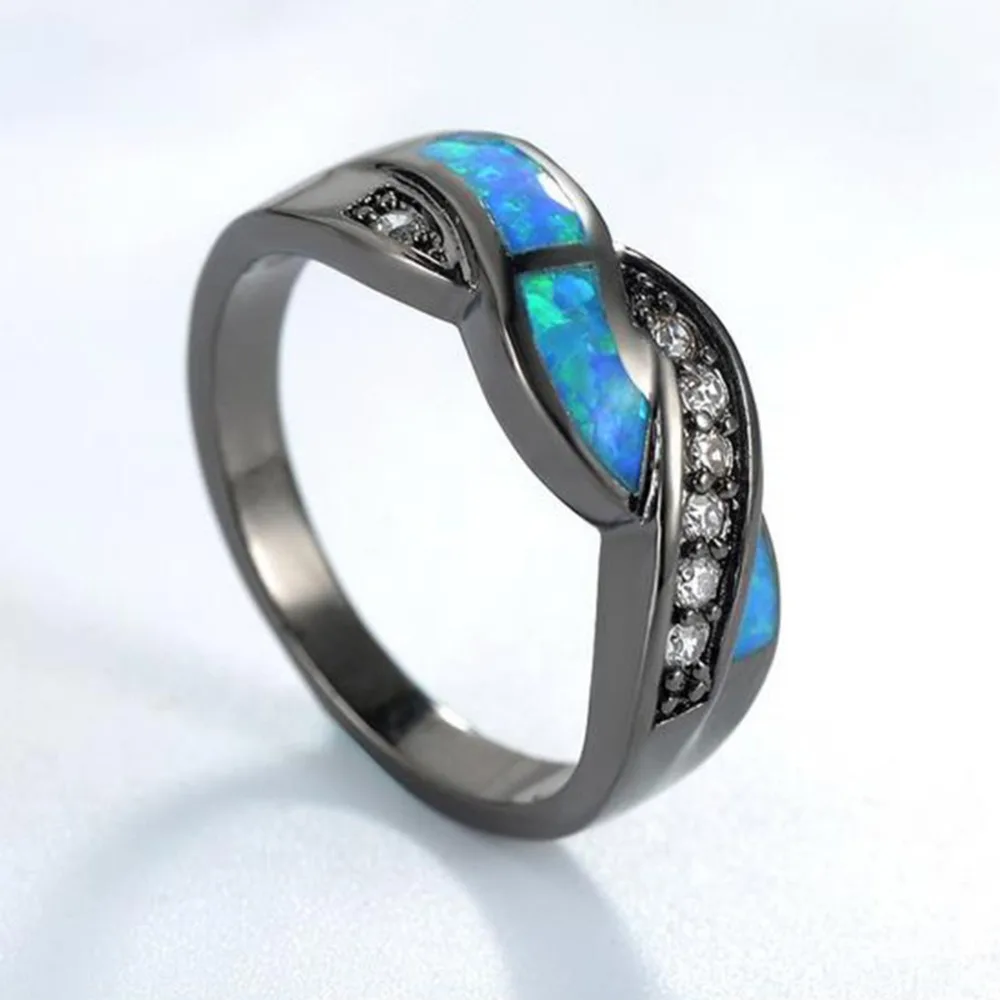 Для женщин волнистые синий огненный опал CZ Крест обручальное кольцо 10kt черное
