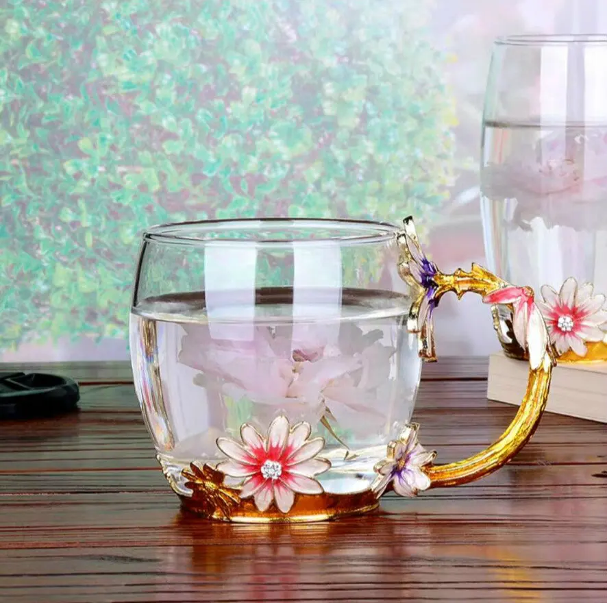 1 cup Ручная работа, эмалированная Цветочная стеклянная чашка, кофейная кружка, Ароматизированная чайная кружка, молочная чашка для лимонного сока, стеклянная Подарочная кружка для влюбленных, парная кружка, Прямая поставка - Цвет: 1 cup