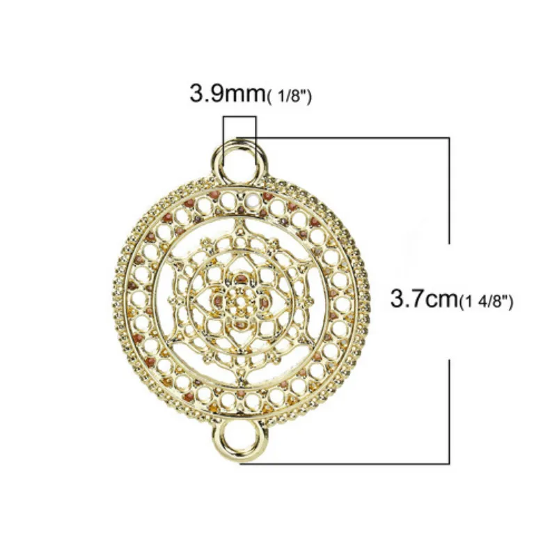 Doreen Box Zinc Based Alloy Buddhism Mandala Connectors Round Silver Color Gold Plated Hollow 37mm(1 4/8&quot) x 29mm(1 1/8&quot) 5 PCs |