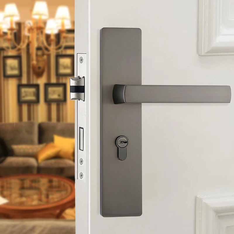 

American Black Bedroom Door Handle Lock Modern Minimalist Solid Wood Door Lock With Silent Indoor Door Lock