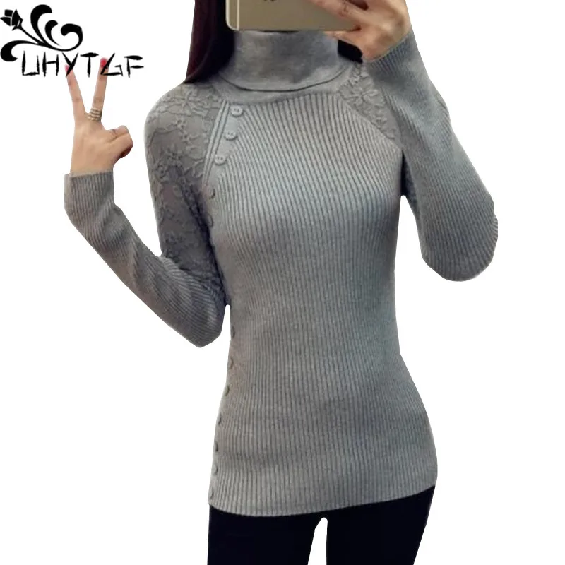 

UHYTGF Autumn Winter Sweaters Ladie New Turtleneck Lace Long Sleeve Knit Sweater Pullover Women Slim Elasticity Warm Sweater 803