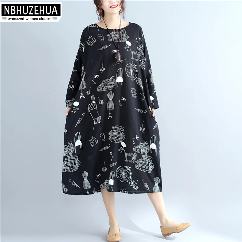 Женское длинное платье с круглым вырезом NBHUZEHUA черное принтом 7G298 4XL 5XL 6XL размера