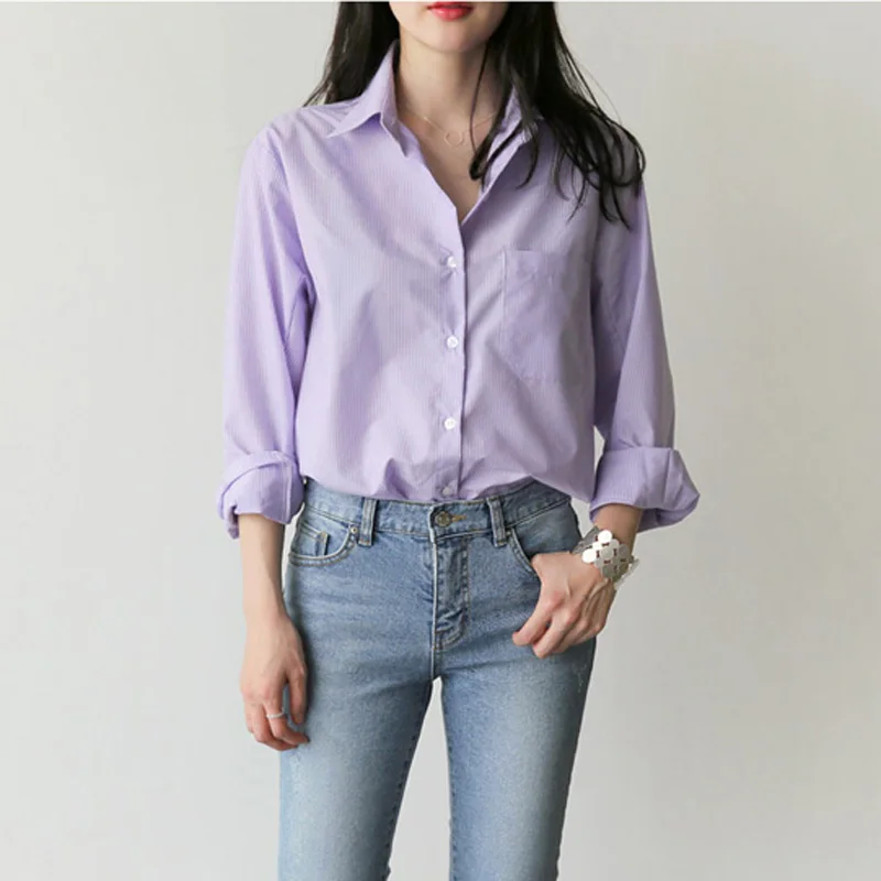 Spring Women Blouse Striped Turn-down Collar Office Lady Tops Full Sleeve Women Shirts Light Purple Fashion Female Tops blusas