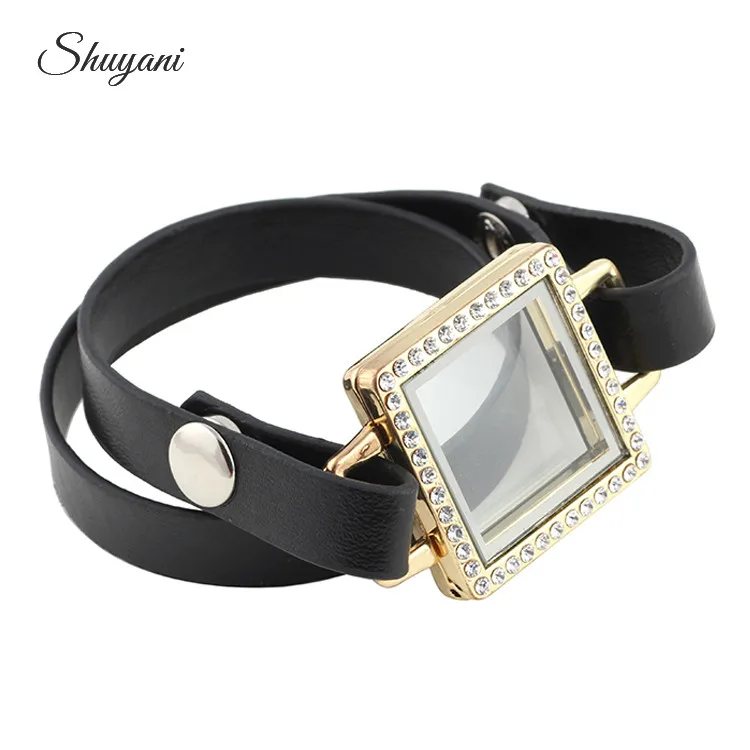 

5pcs/lot Silver Square Magnetic Glass Living Memory Locket Bracelet Wrap Leather Charms Bracelets Fashion Jewelry For Men Women