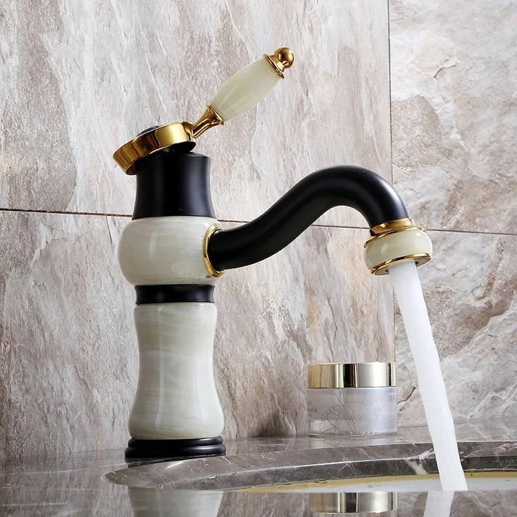 

Luxury black and gold Solid brass Jade stone waterfall Bathroom Sink Faucet Basin Vanity Mixer Tap