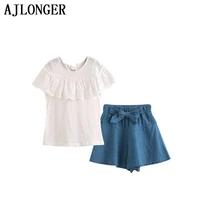 ajlonger fashion children girl summer clothes lace white topsdenim shorts ruffle bow skirt outfit kids clothing set