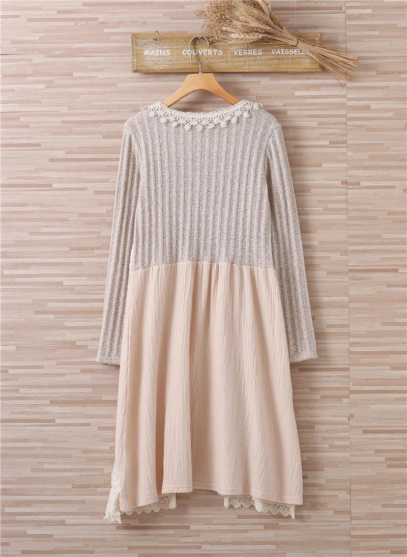 Women Retro Spring and Autumn Rural Style O Necked Long Sleeve Dress Knitting Patchwork Cotton Lace Dresses Y03567 | Женская одежда