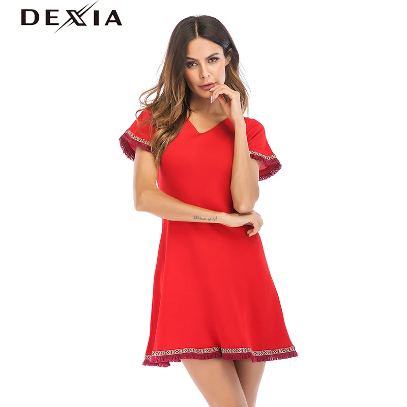 DEXIA летнее Красное Платье Vestidos De Fiesta 2018 Sukienka одежда с v образным вырезом