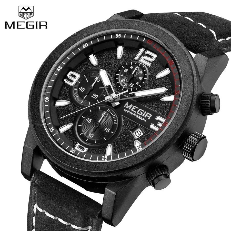 Мужские спортивные часы MEGIR кварцевые с хронографом из натуральной кожи на