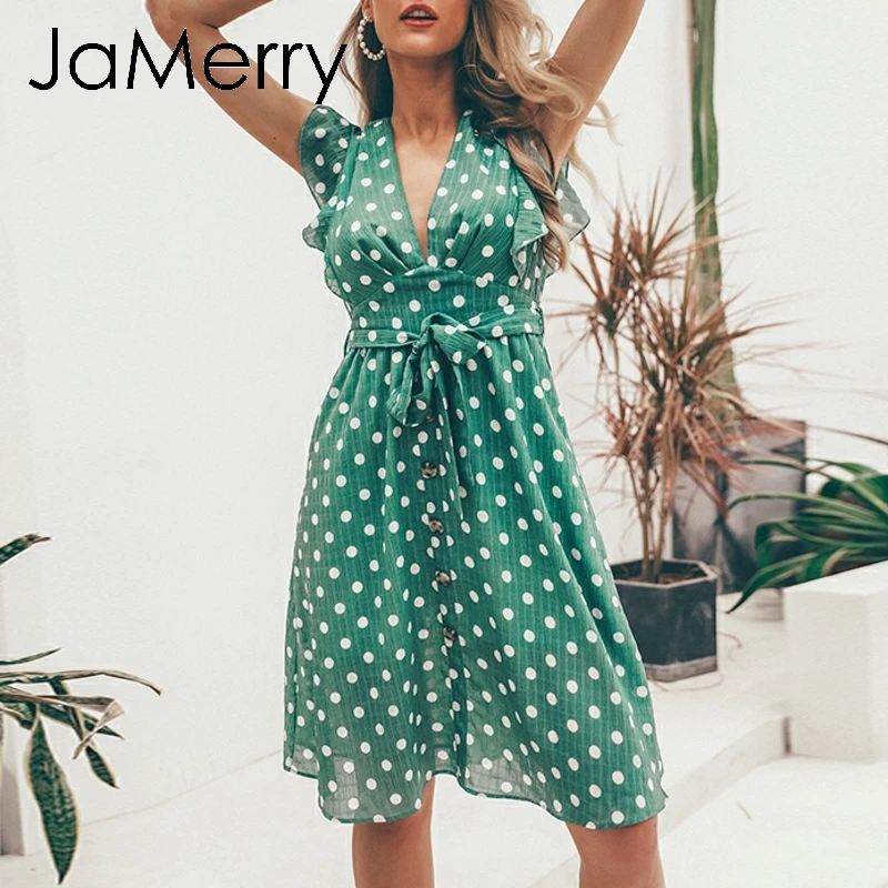 Женское платье миди JaMerry пляжное в горошек с поясом и оборками лето 2019|Женские