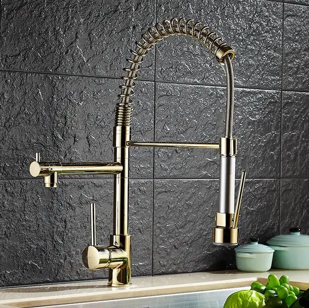 

Free Shipping Brass gold Spring Pull Out Kitchen Faucet Sink Faucet luxury Hot & Cold direct drink Water Kitchen Mixer tap