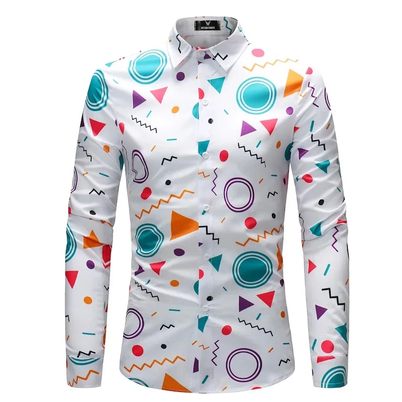 Мужская рубашка с геометрическим принтом однотонная забавная длинными рукавами