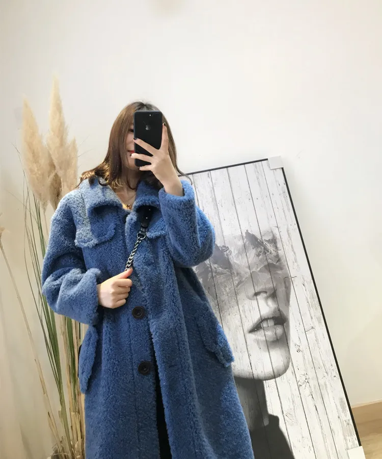 dark blue Зимняя кожаная овечья шерсть пальто с мехом кардиган тонкого размера плюс овечья шерсть верхняя одежда зимняя овечья шерсть средней длины модное пальто - Цвет: dark blue
