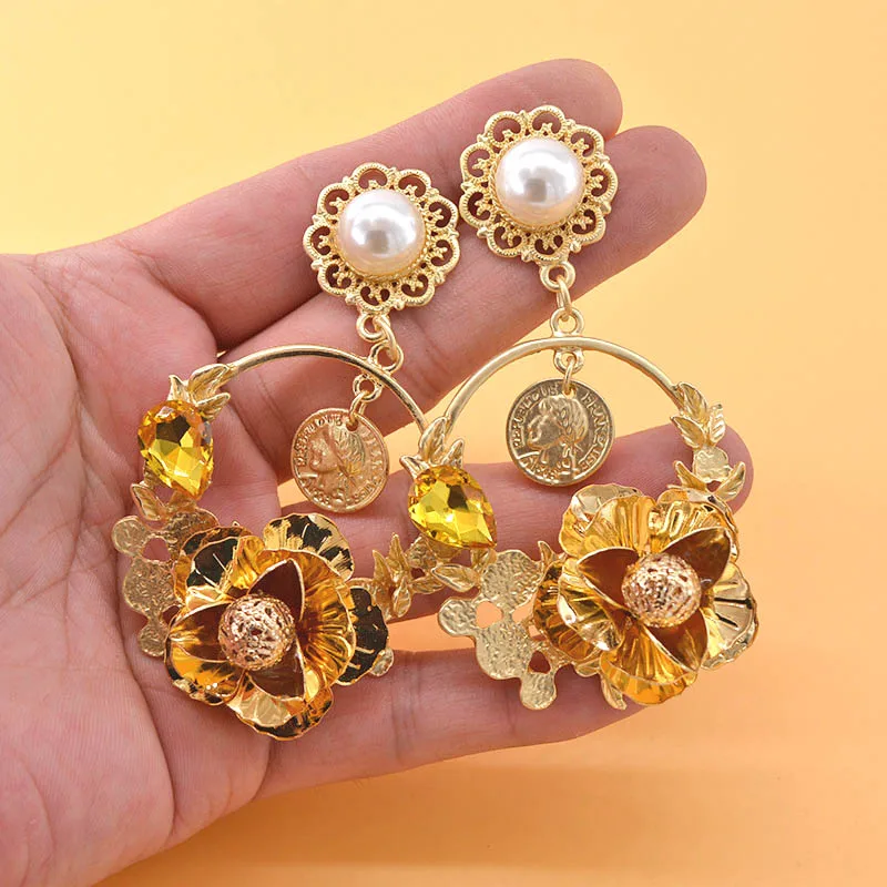 Роскошь барокко дворец Серьги с жемчугом для Для женщин золотые цветы монета