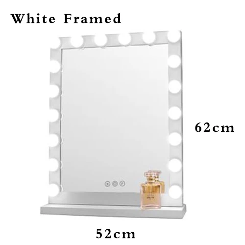 White 52x62cm Framed Голливудский стиль, зеркала для макияжа с подсветкой, косметическое зеркало с регулируемой яркостью, светодиодный светильник с сенсорным управлением - Цвет: White 52x62cm Framed