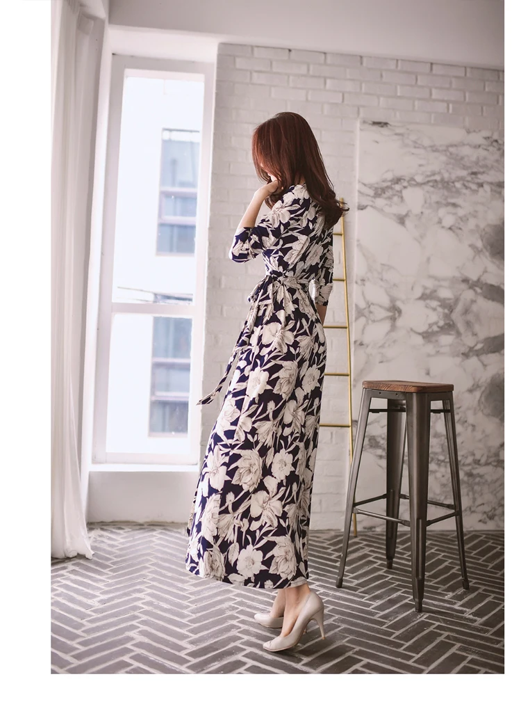 free shipping women summer floral dress v-neck high slit beted sexy dress bohemian style maxi dress ladies slim dress s-xl