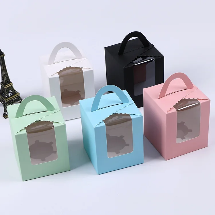 

600 x Assorted Color Single Cupcake Party Shower Favor Wedding Cake Box Clear Window Handle Mousse Cake Boxes Wholesale