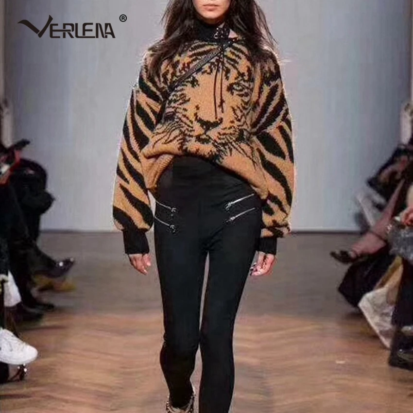 Batwing Sleeve Tiger Pattern Yellow Autumn Sweater Women 2019 Rib Funnel Collar Turtleneck Jumper Wool Oversized Loose Pullover | Женская