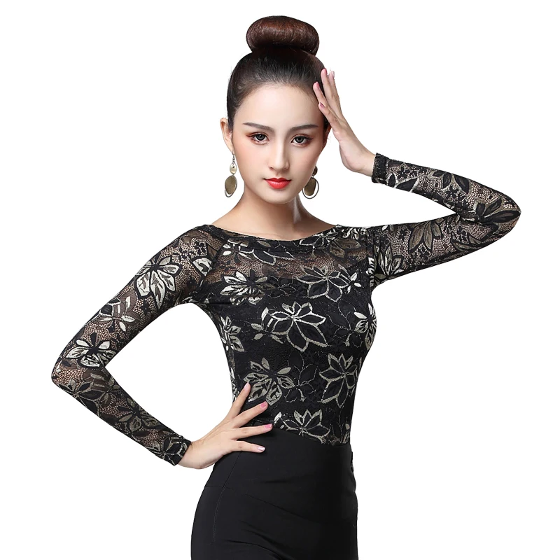 

Modern Latin Dance Tops Female Adult Ballroom Dance Practice Clothes Sexy printing lace Salsa Cha Cha Tango Dance Shirts DWY1074