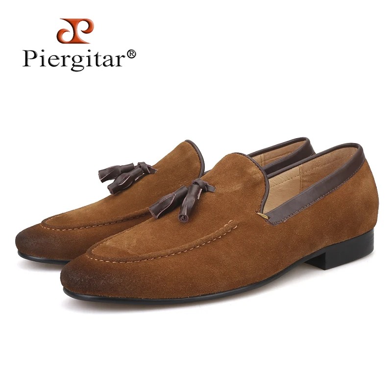 Piergitar 2018 new arrival Black and Brown men suede shoes with leather tassel handmade casual loafers Fashion male's flats | Обувь