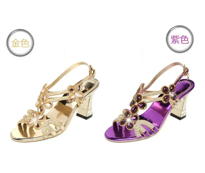 Стразы женские сандалии из натуральной кожи летние с открытым носком на толстом