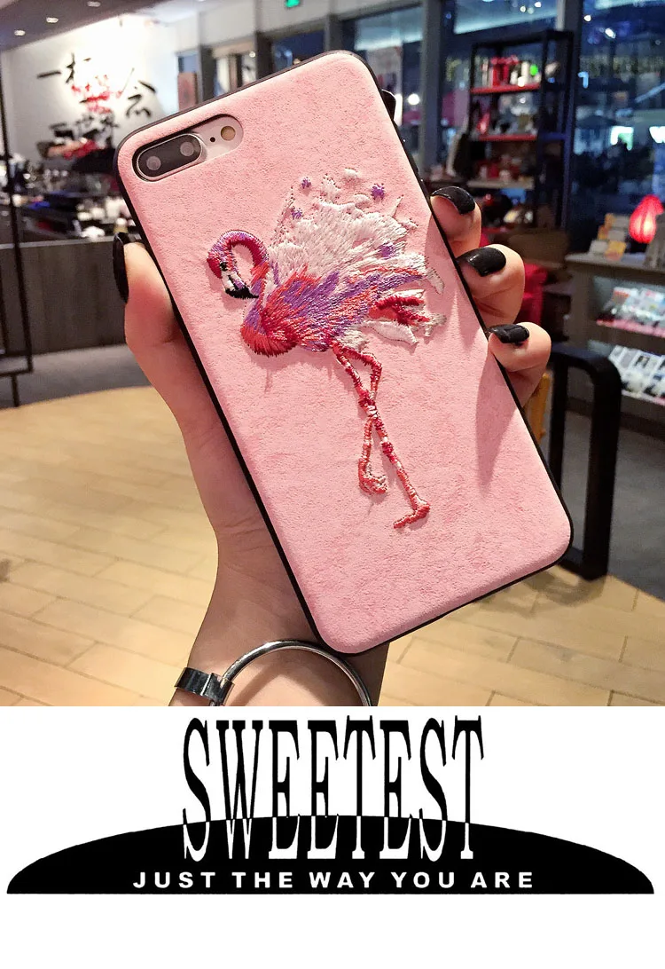 Милый мягкий кожаный чехол с 3D вышивкой фламинго, оленя, оленя для iphone 6 S, 7, 8 plus, X, чехол для samsung Galaxy S8, S9, Note, 8, чехол s
