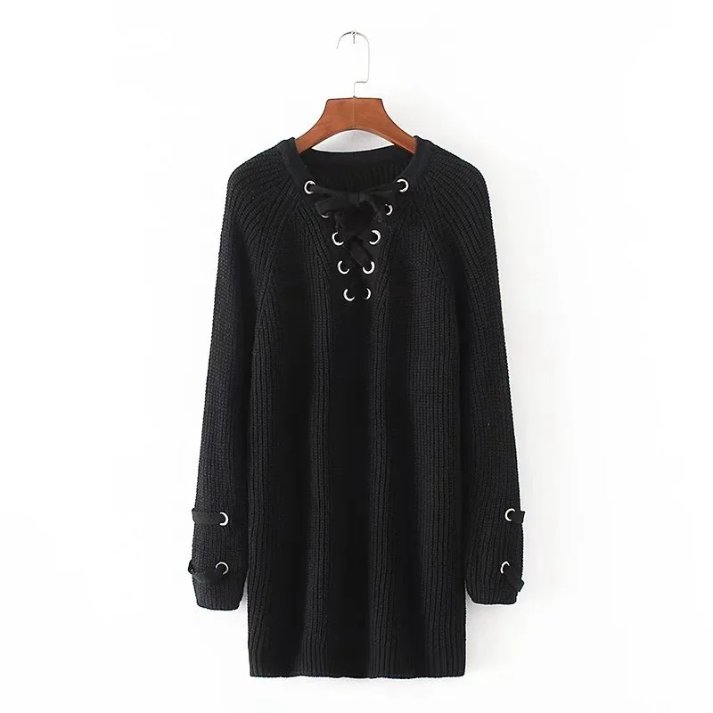 V Neck Korean Style Women Sweater Lace Up Knitted Pullover Long Sleeve Loose Winter Jumper | Женская одежда
