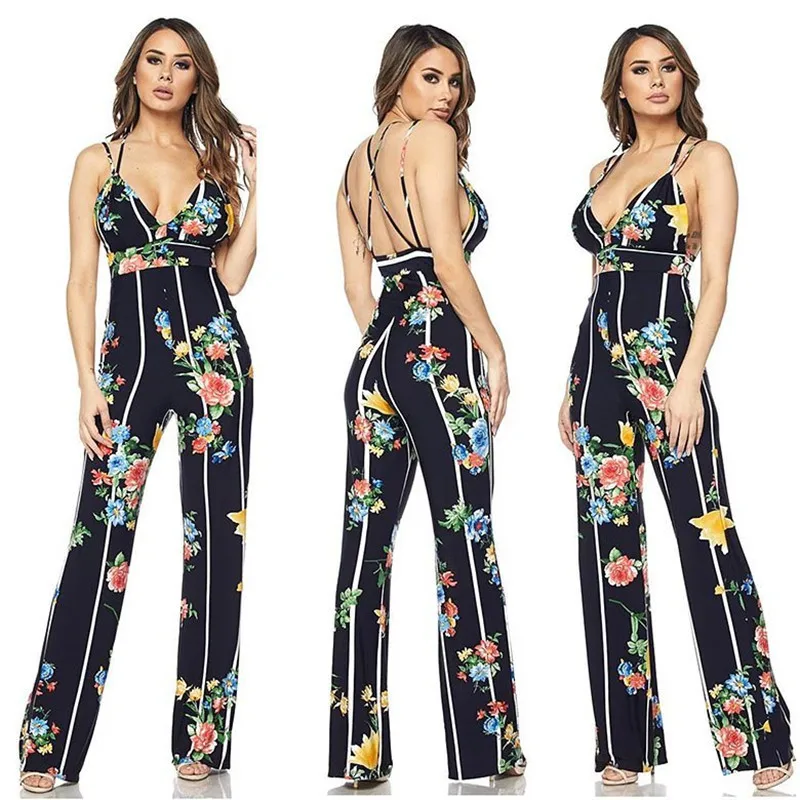 2019 European and American fashion new printed casual street style trend sexy V jumpsuit | Тематическая одежда и униформа