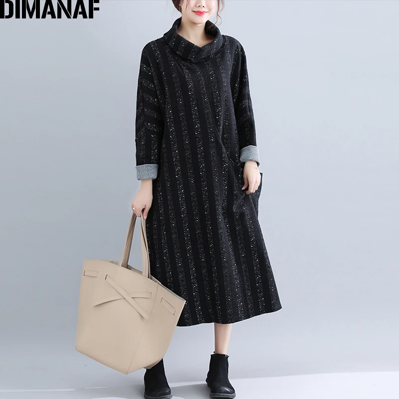 Dimanaf женский зимний элегантный длинный рукав платья плюс размер Леди Vestido женское