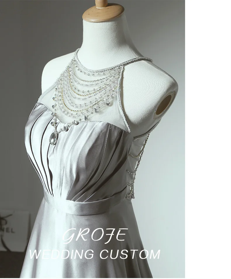 

High Quality Silver Halter Crystal Sheer Back Lng Train Dresses for Wedding 2020 Evening Prom Party Gowns for vestidos de noiva