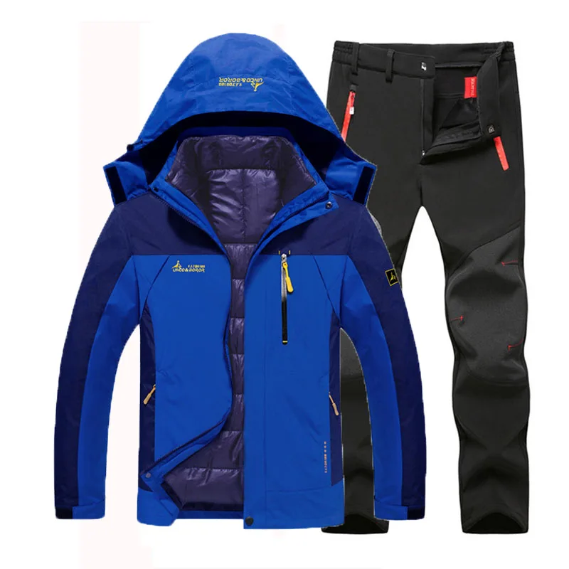 Blue Black Suit Мужские зимние водонепроницаемые треккинговые походные лыжные ползунки больших размеров 3 в 1 хлопковые уличные куртки 6XL брюки костюм - Цвет: Blue Black Suit