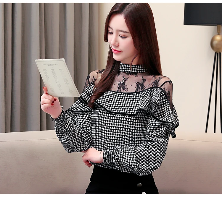 Blusas femininas, элегантные рубашки, Женские топы и блузки, шифоновые кружевные клетчатые Женские топы со стоячим воротником, одежда, полная 2460 50